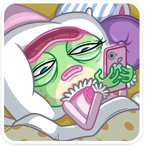 😴 Стикер «Лягушка Дотти, может, и зелёная, но это совсем не» для Telegram